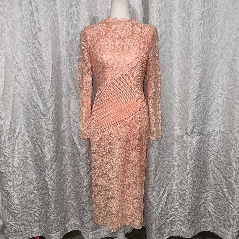 coral modest church past the knee lace body con dress size medium long sleeve